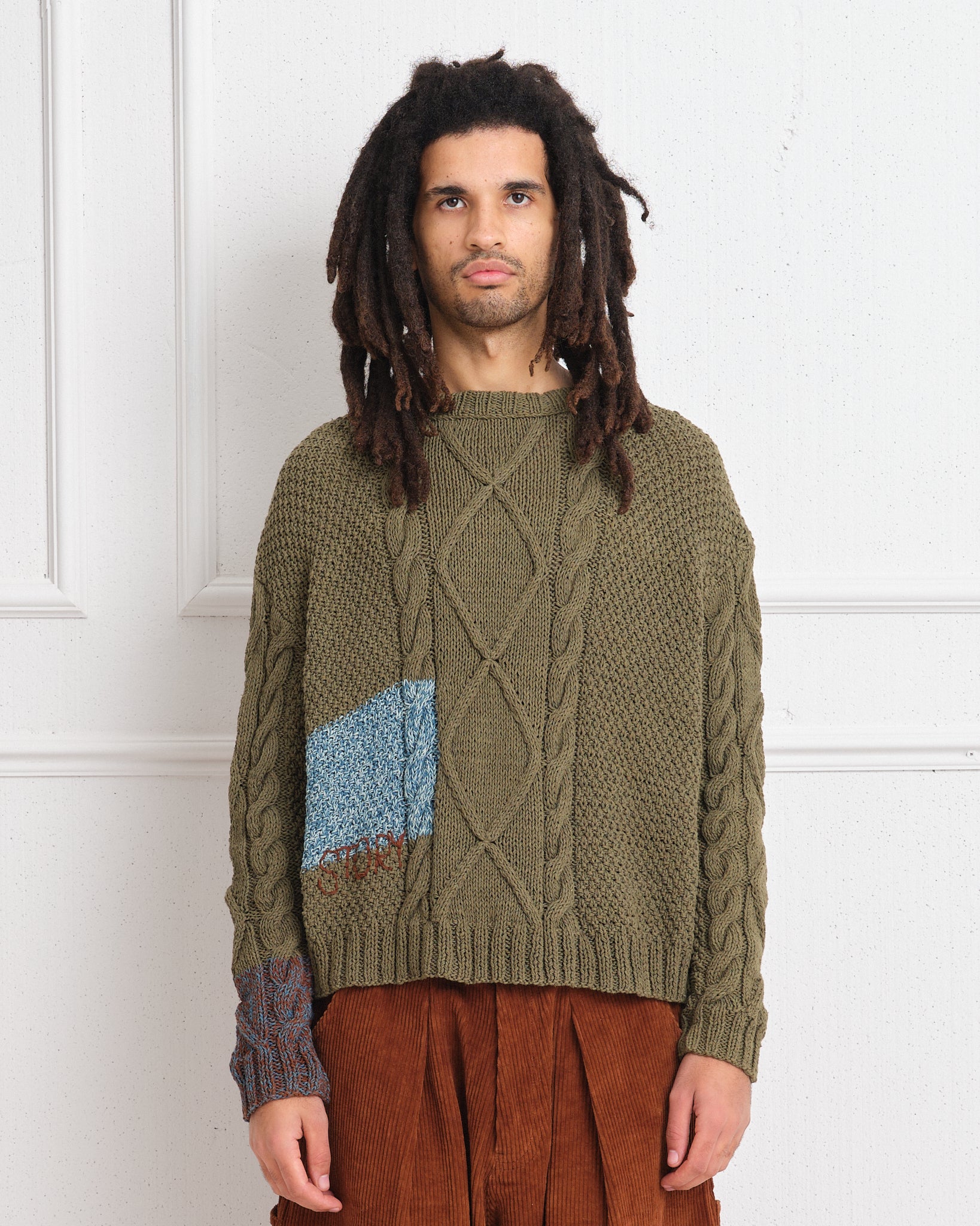 Cable Knit Jumper - Olive Darn-Knit